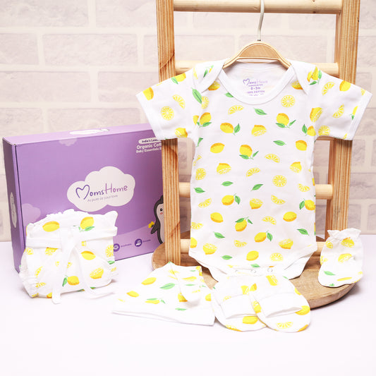 Baby Home Coming Outfit  | Baby Shower Gift Hamper | Baby Essential Clothes Set | Lemon | 0-3 Months | Pack of 5