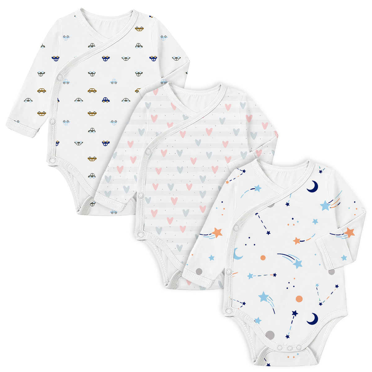 Organic Cotton Baby Front Open Full Sleeve Onesie | Car, Galaxy & Little Hearts  | Pack of 3