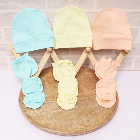 New Born Baby Cap Mitten Bootie Set | 0-3 Months | Blue, Yellow, Peach | Pack of 3