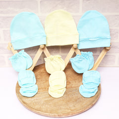 New Born Baby Cap Mitten Bootie Set | 0-3 Months | Yellow, Blue | Pack of 2