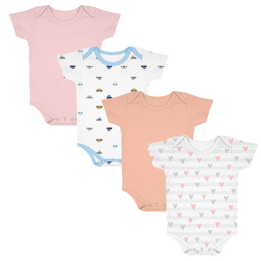 New Born Baby Organic Cotton Half Sleeves Onesie | New Born Baby Clothes | Baby Half Sleeve Cotton Sleepsuits | Pink, Car, Peach, Heart | Pack of 4