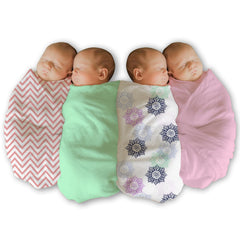 Organic Cotton Baby Muslin Cloth Swaddle | 0-12 Months | 100x100 CM | Pink Mandala, Zig Zag, Green Solid & Pink Solid | Pack of 4