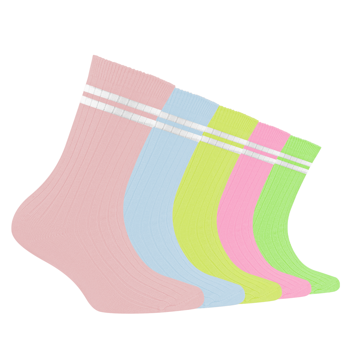 Bamboo Anti-Odour Ribbed Socks for Kids | Anti-Bacterial | Smell Free & Breathable | Hypoallergenic | Moisture-Wicking | Pink, Sky Blue, Dark Pink, Neon & Parrot Green | Pack of 5