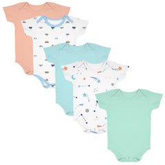 New Born Baby Organic Cotton Half Sleeves Onesie | New Born Baby Clothes | Baby Half Sleeve Cotton Sleepsuits | Peach, Car, Blue, Galaxy, Sky Blue | Pack of 5