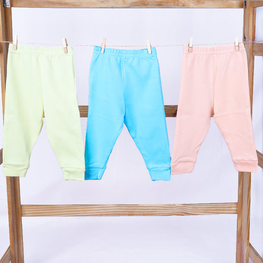 Organic Cotton Baby Pants & Pyjamas Set | Blue, Peach, Yellow | 0-3 Months | Pack of 3