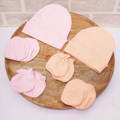 New Born Baby Cap Mitten Bootie Set | 0-3 Months | Pink, Peach | Pack of 2