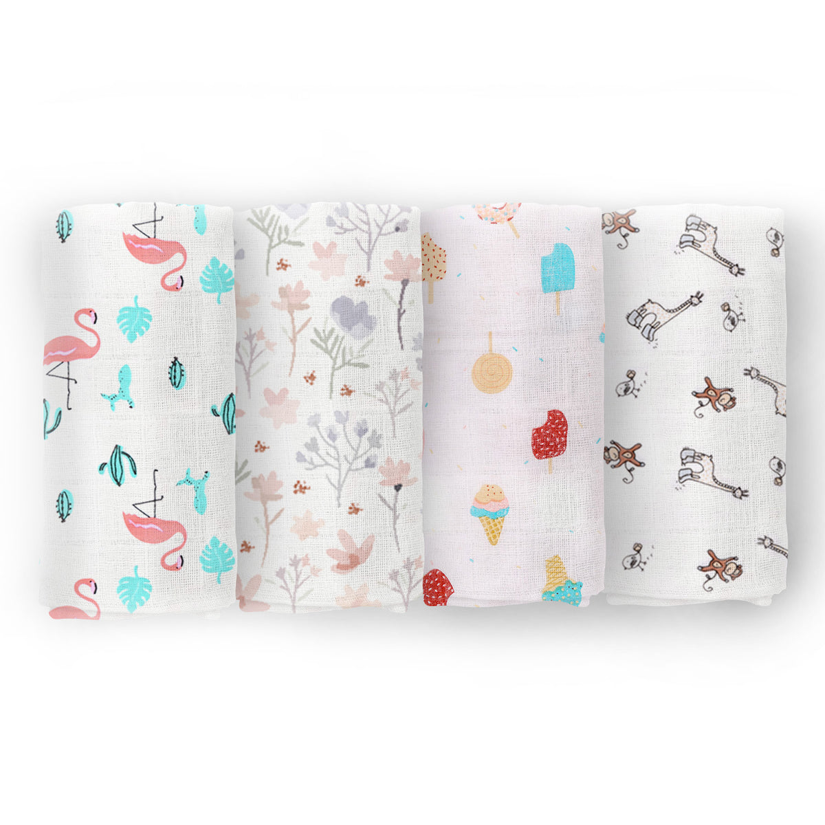 Organic Cotton Baby Muslin Cloth Swaddle | 0-12 Months | 100x100 CM | Flamingo, Blossom, Icecream, Jungle | Pack of 4