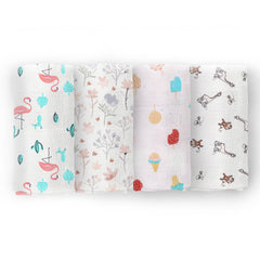 Organic Cotton Baby Muslin Cloth Swaddle | 0-12 Months | 100x100 CM | Flamingo, Blossom, Icecream, Jungle | Pack of 4