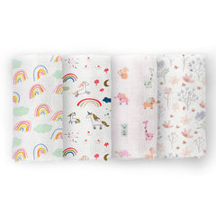 Organic Cotton Baby Muslin Cloth Swaddle | 0-12 Months | 100x100 CM | Rainbow, Unicorn, Cute Jungle, Blossom | Pack of 4