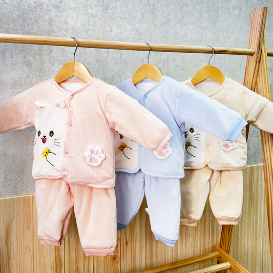 Winter Warm Full Sleeve Co-ord Sets For Baby | Cotton Baby Clothing Set | Cute Cat | Pack of 1