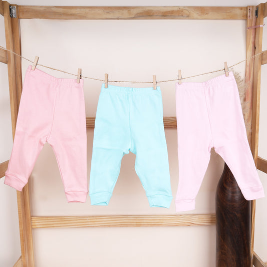 Organic Cotton Baby Pants & Pyjamas Set | Blue, Peach, Pink | 0-3 Months | Pack of 3