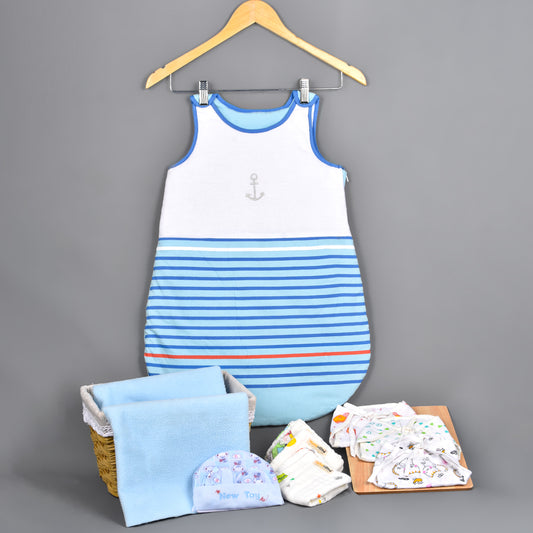 Organic Cotton Baby Blue Sleeping Sack Gift Set , 0-9 Months - 11 Items