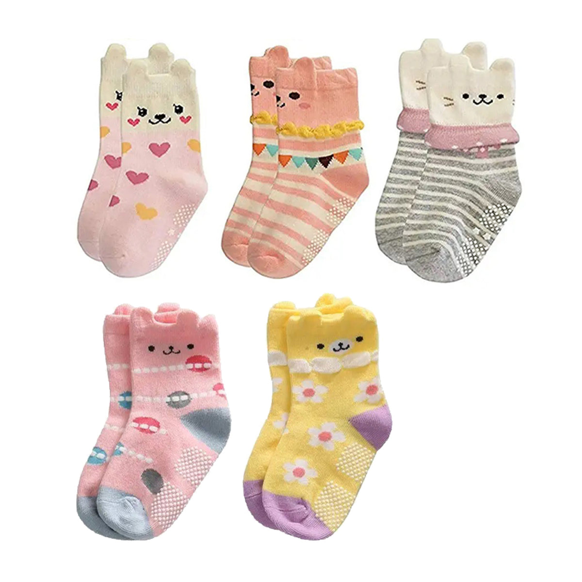 Baby's Organic Cotton Anti-Skid Socks (Multicolour, Mix Designs) - Pack of  Any 5 Pairs - 0-6 Months