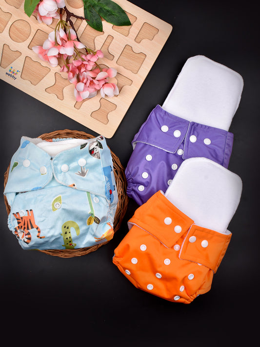 Moms Home Baby Reusable Cotton Pocket Diapers With 3 Inserts,  Adjustable 0-12 Months - Pack of 3