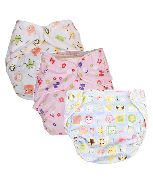 Baby Reusable Cotton Pocket Diapers- Pack of 3 and 3 Inserts - Size Adjustable | 0-12 Months | Mix Designs