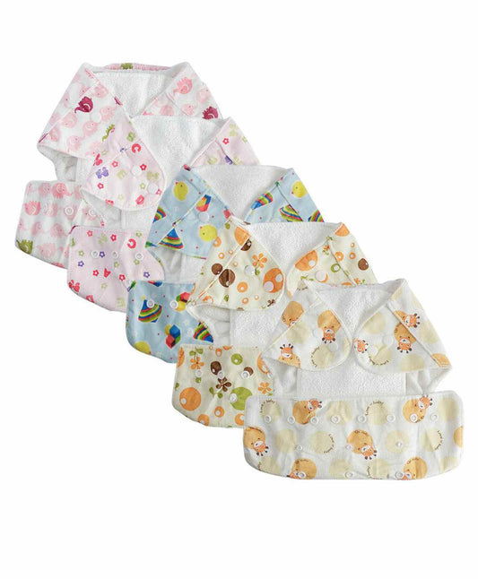 Baby Reusable Cotton Pocket Diapers- Pack of 5 and 5 Inserts - Size Adjustable -0-24 Months- Mix Designs