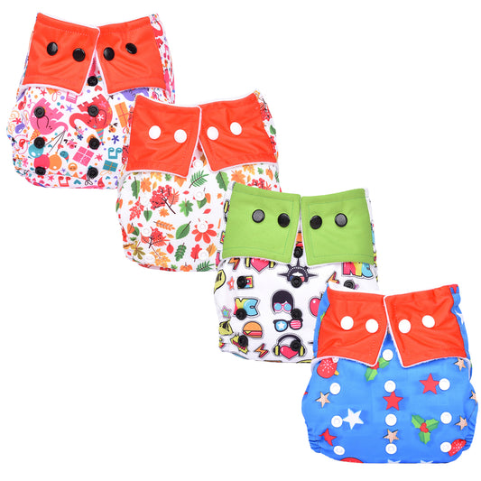 Baby Reusable Cotton Pocket Diapers | Pack of 4 and 4 Inserts | Size Adjustable | 0-12 Months