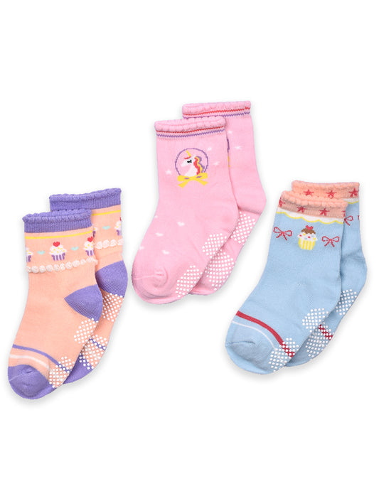 Baby Organic Cotton Girls Antiskid Socks, Patterned Mix Designs - Pack of 3