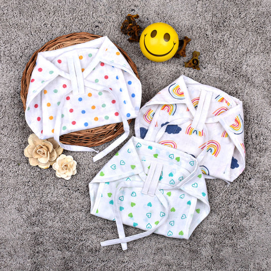 Baby Organic Cotton Printed Muslin Nappies Pack of - 3 Mix