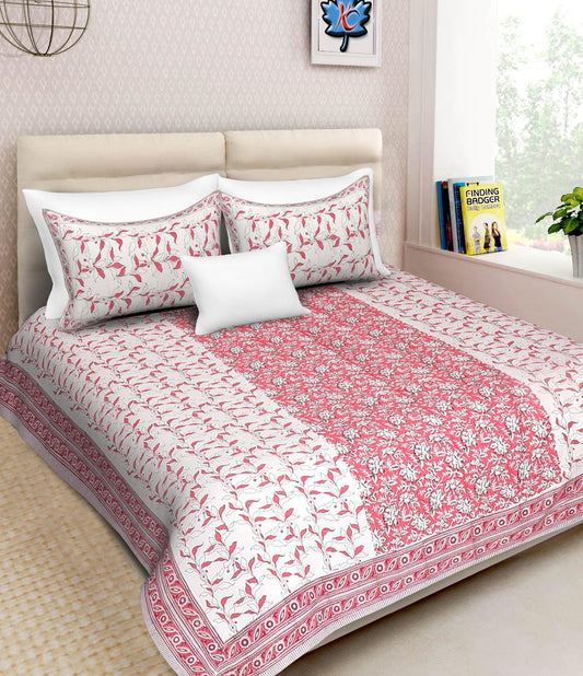 Double Bedsheet with 2 Pillow Covers - Pink Leaf