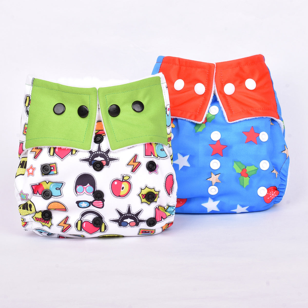 Baby Reusable Cotton Printed Pocket Diapers With 2 Inserts - Pack of 2 Star, Green Apple